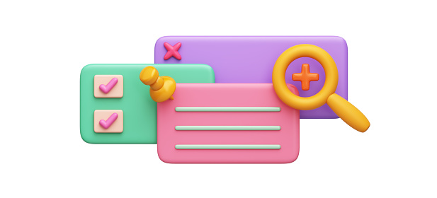 Cute file folder database or backup. Searching and storing documents online connect network. 3D Object magnifying glass, note paper computer data on white background. clipping path. 3D Illustration.