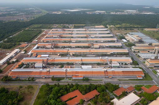 Barcarena, Para, Brazil - Feb 12, 2024: Aerial view of Albras industrial plant, the largest producer of primary aluminium in Brazil (shareholders: Hydro and NAAC)