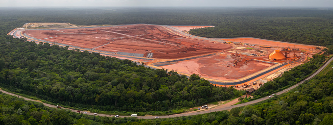 Barcarena, Para, Brazil - Feb 12, 2024: Aerial drone view of waste depot of Hydro Alunorte, an alumina refinery.