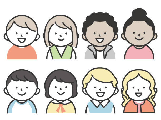 An illustration set of children from various countries around the world. upper body with smiling expression. An illustration set of children from various countries around the world. upper body with smiling expression. Simple and cute character illustration. white background smiling minority african descent stock illustrations
