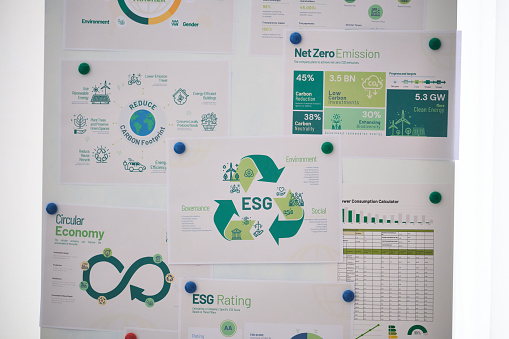 Graphs and charts elements  ESG environment, society and governance, ave the planet go green eco-friendly  net zero emission clean business ethical, reduce carbon footprint pollution greenhouse gas, reuse and recycle for sustainable Development goals