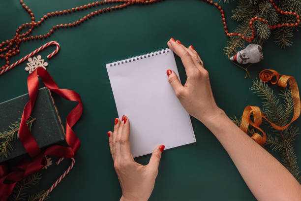 istock Hands lie on blank sheet of notepad on green background with Christmas decorations 2041612901