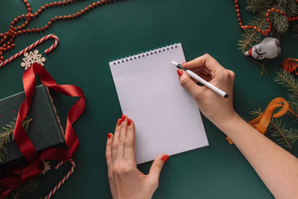 istock Hands with pen lie on blank sheet of notepad on green background with Christmas tree decorations 2041612903