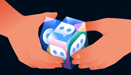 Two hands solving glass cube with chatbot text bubbles. Artificial intelligence assistance, using chatbots in daily life concept. Vector illustrations.
