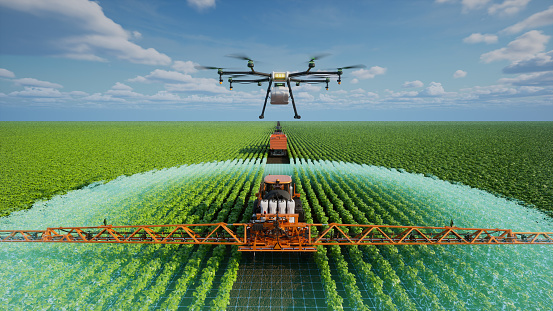 Autonomous agriculture vehicle and drone are working in agricultural plot, Agriculture technology with smart farming concept, 3d render