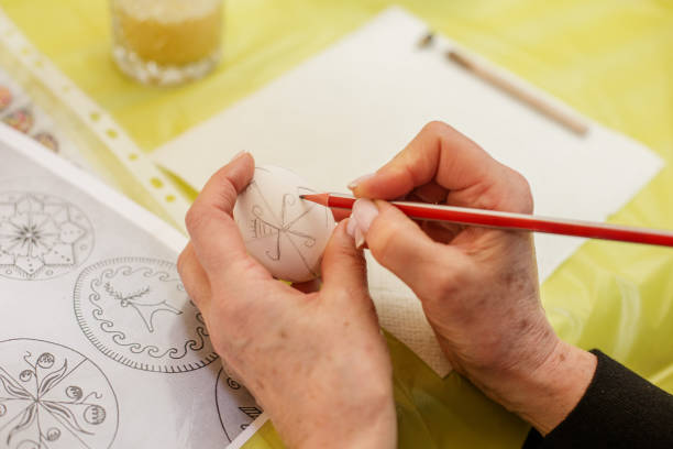 istock Easter concept. Adult Hands Drawing on Easter Egg with Pencil. 2041634604