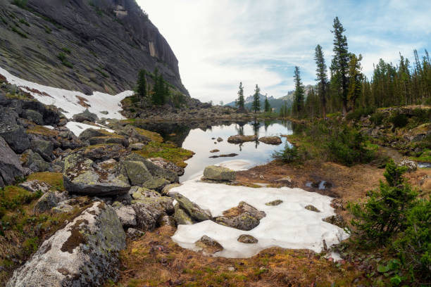 istock Mountain clear glacier lake among large rocks. 2041635700