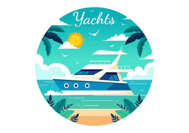 Vector illustration of Yachts Vector Illustration with Ferries Cargo Boats and Ship Sailboat of Water Transport at the Beach in Sunset Flat Cartoon Background