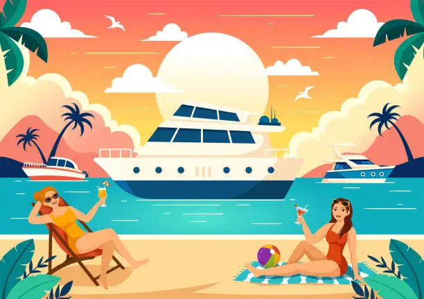 Vector illustration of Yachts Vector Illustration with Ferries Cargo Boats and Ship Sailboat of Water Transport at the Beach in Sunset Flat Cartoon Background