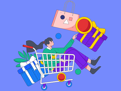 Holiday shopping people doing e-commerce online shopping flat vector concept operation hand drawn illustration