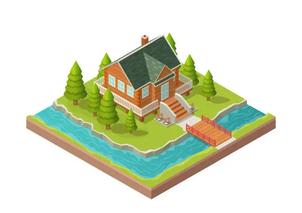 Vector illustration of Isometric house with a beautiful river