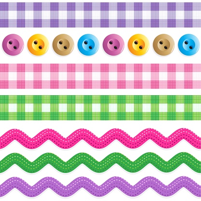 Seamless borders - gingham ribbons, ricracs, sewing buttons