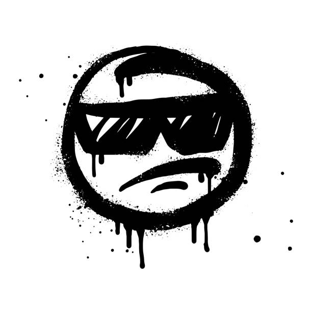 Angry face emoticon character with sunglasses Angry face emoticon character with sunglasses. Spray painted graffiti anger face in black over white. isolated on white background. vector illustration cool graffiti characters stock illustrations