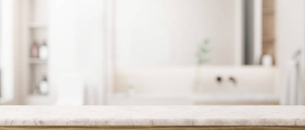 istock Empty mockup space for display product on a tabletop in a modern white bathroom. 2041789599