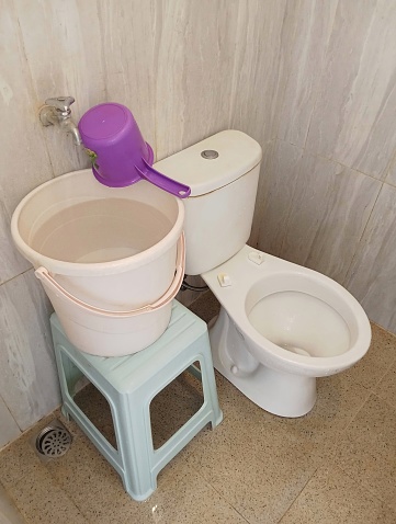 A bathroom with sitting toilet