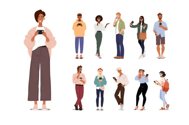 Vector illustration of People using phone character set. Men and women chatting, listen to music, make a video call, take a selfie. Modern flat cartoon vector characters.