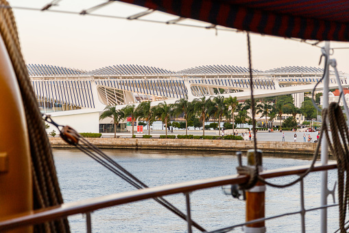 Amerigo Vespucci ship in Rio de Janeiro, Brazil - October 23, 2023: Details of the Amerigo Vespucci ship, known as the most beautiful in the world, at one of its stops in Rio de Janeiro.