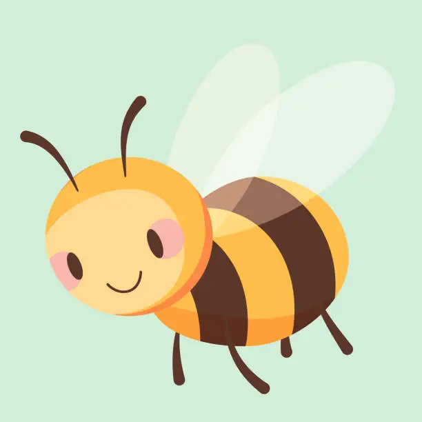 Vector illustration of bee, illustration, cute, vector, cartoon, happy, honey, insect, sweet, yellow, isolated, design, nature, summer, animal, art, background, character, white, funny, fly, wing, set, bug, graphic, print, logo, honeycomb, icon, honeybee, flower, bumblebee, buz