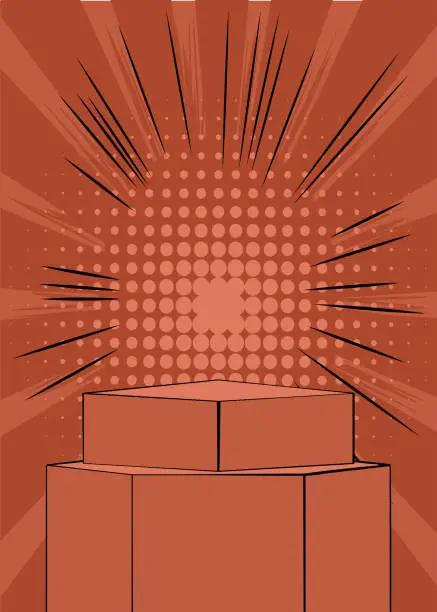 Vector illustration of Comic Book Product podium stage for mockup presentation with medium light shade of red, orange, retro pop art vintage background.