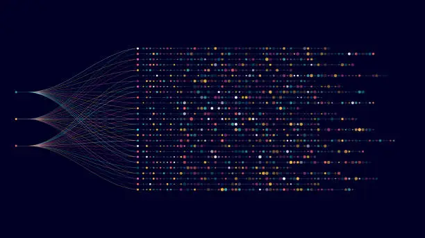 Vector illustration of Big data visualization. Social network, financial analysis of complex databases. Data mining. Vector technology background. Information analytics concept.