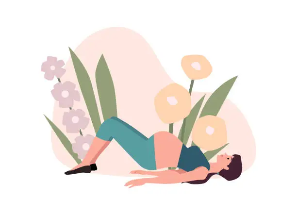 Vector illustration of Prenatal yoga pose lying down. Flat vector illustration with character.