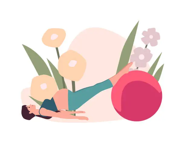 Vector illustration of Prenatal yoga with fit ball flat illustration with character.