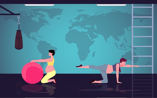 Pregnant woman doing sport exercises with fit ball in gym. Pregnancy fitness or yoga training in sports hall with sport equipment and world map on the wall. Healthy lifestyle. Vector flat illustration