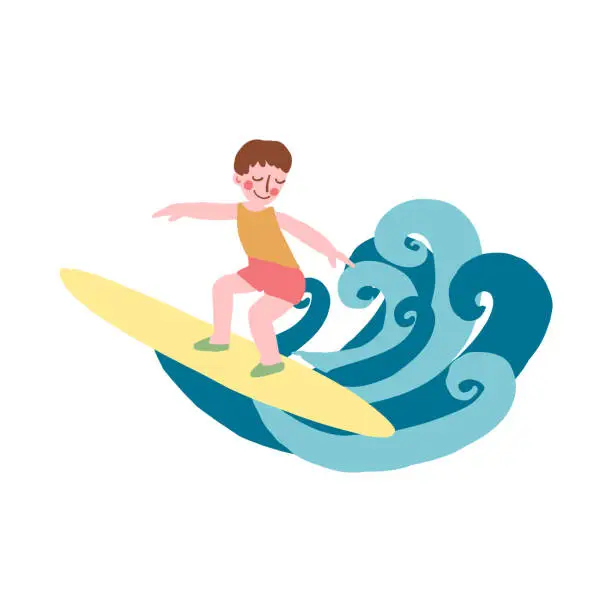 Vector illustration of Decorative flat vector surfer isolated on white, cute little boy on surfboat, Young Man conquers blue wave, Surfer Character Raging Wave, Summer Extreme Water Sport minimalizm design for advertising