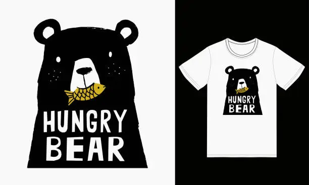 Vector illustration of Cute hungry bear eating fish with tshirt design premium vector