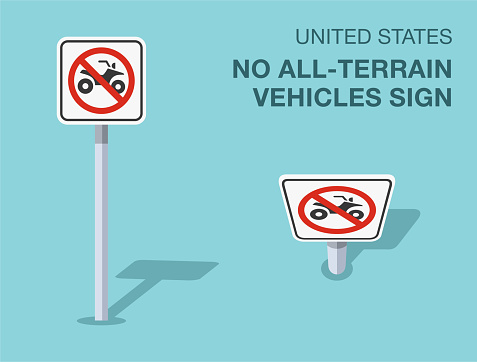 Traffic regulation rules. Isolated United States no all-terrain vehicles sign. Front and top view. Flat vector illustration template.