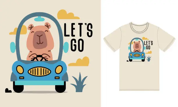Vector illustration of Cute capybara driving car illustration with tshirt design premium vector