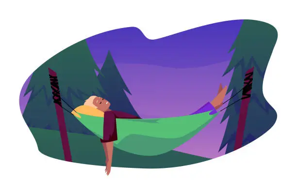 Vector illustration of Forest night rest, depicted with a man in a hammock against the backdrop of a night forest.