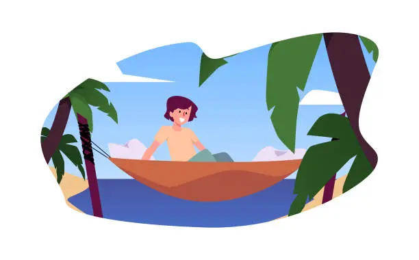 Vector illustration of Illustration of a joyful girl relaxing among palm trees in a hammock.