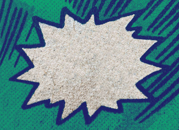 Closeup of real vintage comic book page with empty white speech bubble on a background texture of blue green printing dots
