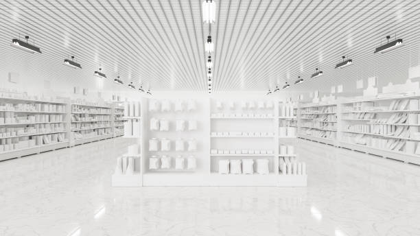 istock 3D Rendering. Store interior supermarket with shelf shelves. 2041989315