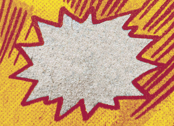 Closeup of real vintage comic book page with empty white speech bubble on a background texture of yellow red printing dots