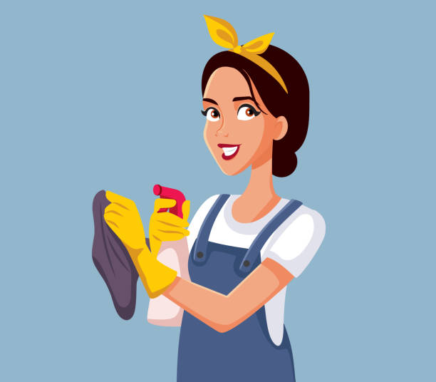 ilustrações de stock, clip art, desenhos animados e ícones de happy housekeeper holding detergent spray and a rag vector illustration - empregrada-de-limpeza