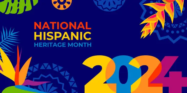 Vector illustration of Hispanic heritage month 2024. Vector web banner, poster, card for social media, networks. Greeting with national Hispanic heritage month text, tropical pattern on blue background. Logo 2024.