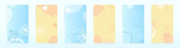 Vector illustration of Summer Stories Abstract Backgrounds - Playful Pastel Blue and Yellow Vector Illustrations with Hearts, Bubbles, and Floral Doodles