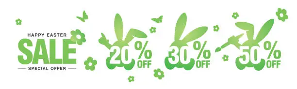Vector illustration of Happy Easter Sale special offer 20 30 50 percent off green banny negative space discount numbers stickers white background