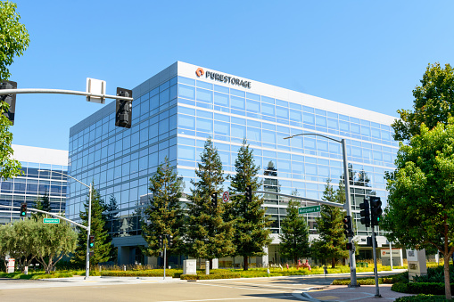 Exterior view of Pure Storage headquarters building. Pure Storage is American publicly traded technology company - Santa Clara, California, USA - September 12, 2023