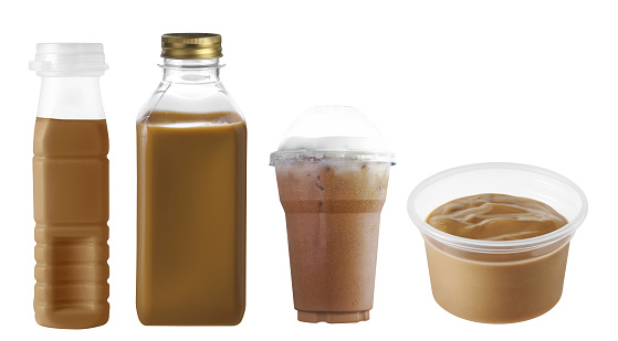 Group of coffee in plastic cup and bottle isolated on white background