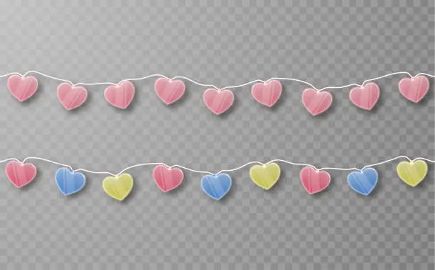 Vector illustration of Garlands of realistic glass hearts.
