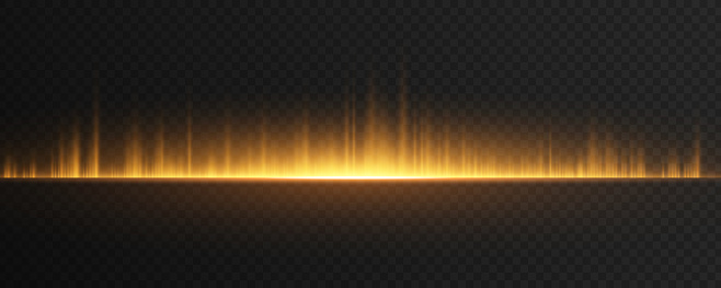Golden backlights with vibrating rays isolated on dark transparent background. Bright flash. Vector illustration. EPS 10.