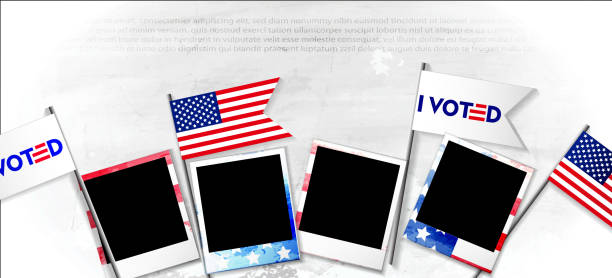 istock American flag with selection with instant printed photos on abstract concrete grunge background. Creative poster or banner with place for text in national style. 2042070787
