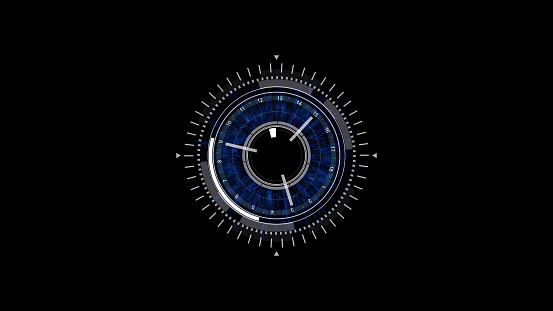 An electric blue clock with a circle around it stands out on a black background. The bold font and macro photography make it a trendy fashion accessory resembling an astronomical object