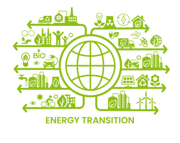 illustrazioni stock, clip art, cartoni animati e icone di tendenza di transizione energetica. transizione verso un concetto di mondo rispettoso dell'ambiente.  infografica sull'ecologia. produzione di energia verde. transizione verso le energie alternative rinnovabili. - alternative energy global warming wind turbine biofuel