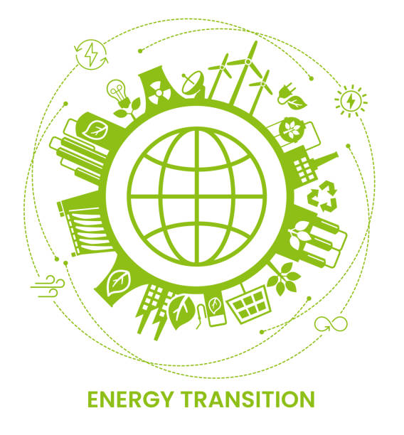 illustrazioni stock, clip art, cartoni animati e icone di tendenza di energy transition. transition to environmentally friendly world concept.  ecology infographic. green power production. transition to renewable alternative energy. - alternative energy global warming wind turbine biofuel