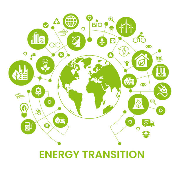 illustrazioni stock, clip art, cartoni animati e icone di tendenza di energy transition. transition to environmentally friendly world concept.  ecology infographic. green power production. transition to renewable alternative energy. - alternative energy global warming wind turbine biofuel