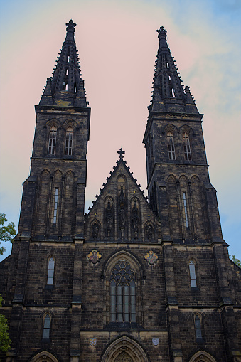 Cathedral of Saints Peter and Paul (Bazilika svateho Petra a Pavla) in the Vysehrad district of Prague. Romantic atmosphere and stunning neo-Gothic church.